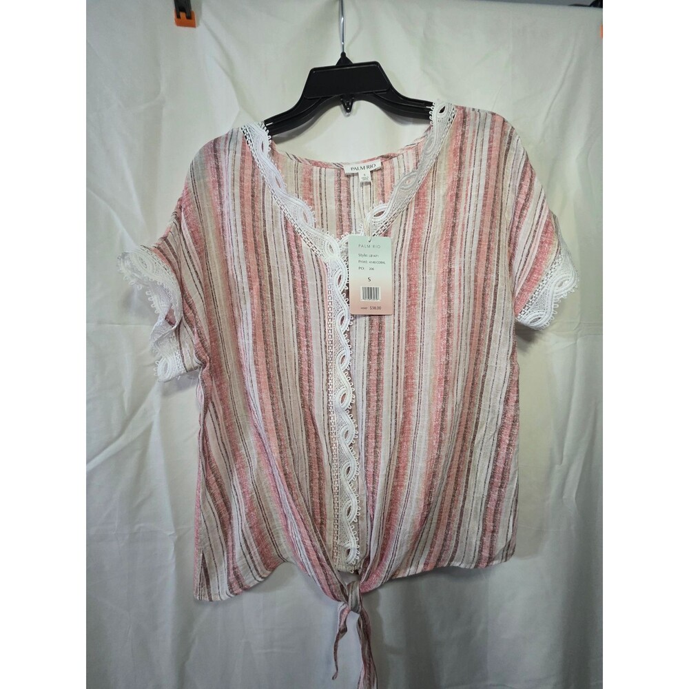 Palm Rio LB1471 L5017 Coral Striped Tie Front Blouse Women's S
